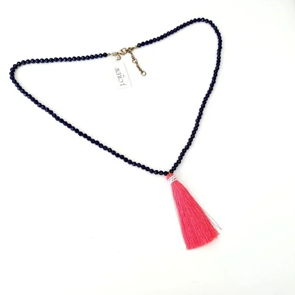 Navy beaded necklace with florescent orange thread tassel - Picture 10 of 12